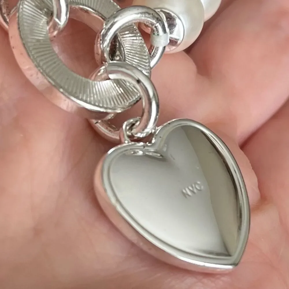 Avon Heart Pendant Necklace Silver Tone Pave Rhinestone Imitation Pearl Gloria